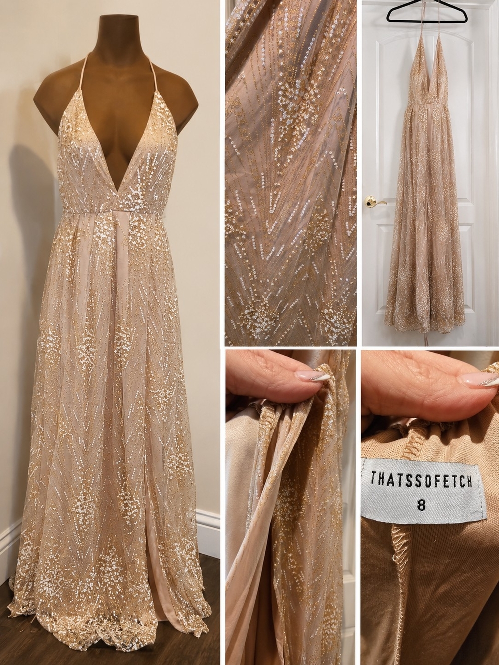 ThatsSoFetch Gold Sequin Halter Prom Dress with Deep V